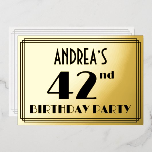 42歳の誕生日パーティー - アールデコ調の「42」+名前 箔招待状 (正面/裏面)