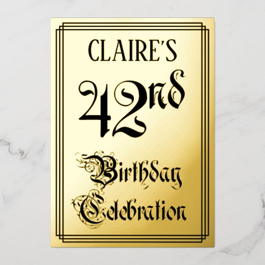 42歳の誕生日パーティー — エレガントなスクリプト + オーダーメイドの名前 箔招待状 (正面)