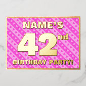 42歳の誕生日パーティー - 可愛いピンクのハートとストライプ 箔招待状 (正面)