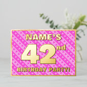42歳の誕生日パーティー - 可愛いピンクのハートとストライプ 箔招待状 (立ち正面)