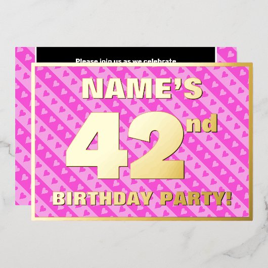 42歳の誕生日パーティー - 可愛いピンクのハートとストライプ 箔招待状 (正面/裏面)