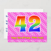 42歳の誕生日：ピンクのストライプとハート、虹色の42 ポストカード (正面/裏面)