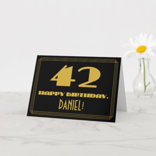 42歳の誕生日:名前 + アートデコ風の「42」 カード (小さな植物)