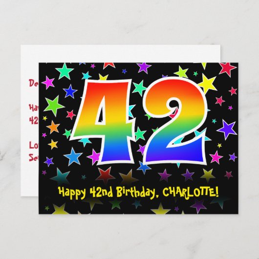 42歳の誕生日:楽しいスター柄、虹42、名前 ポストカード (正面/裏面)