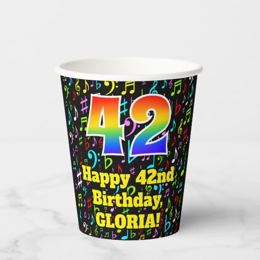 42歳の誕生日:楽しい音楽ノートパターン、虹色の42 紙コップ (正面)