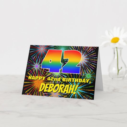 42歳の誕生日: 楽しくカラフルなお祝いの花火 カード (小さな植物)