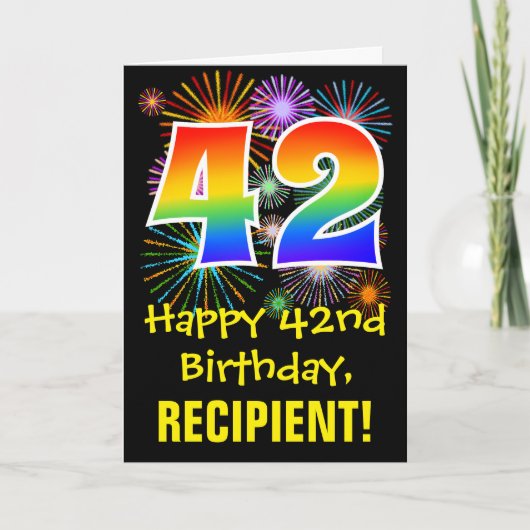 42歳の誕生日: 遊び心のある花火のパターン + 虹色の42 カード (正面)