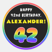 42番目の誕生日カラフル: Rainbow # 42,名前をカスタムする ラウンドシール (正面)