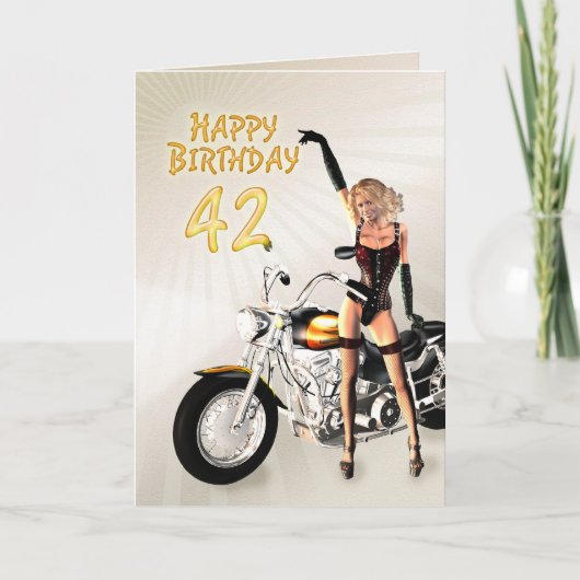 42番目の誕生日カードとバイクの女の子 カード (正面)