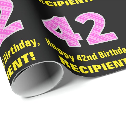 42番目の誕生日:ピンクストライプのハートと"42" +名前 ラッピングペーパー (ロールコーナー)