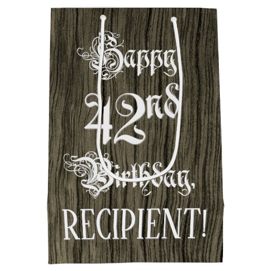 42番目の誕生日: ファンシー、フェイク木目+名前をカスタムする ミディアムペーパーバッグ (裏面)
