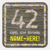 42番目の誕生日:フローラ番号フェイク、木目、名前 スクエアシール (正面)