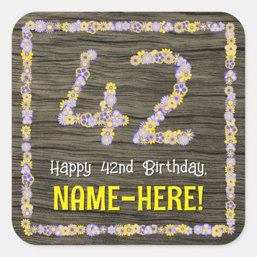 42番目の誕生日:フローラ番号フェイク、木目、名前 スクエアシール (正面)