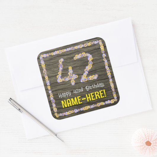 42番目の誕生日:フローラ番号フェイク、木目、名前 スクエアシール (封筒)