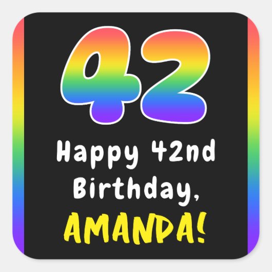 42番目の誕生日:レインボースペクトル# 42、名前をカスタムする スクエアシール (正面)