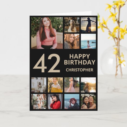 42誕生日フォトコラージュ13枚フォトブラック&金ゴールド カード (黄色い花)