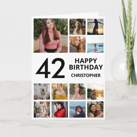 42誕生日フォトコラージュ13枚白黒 カード (正面)