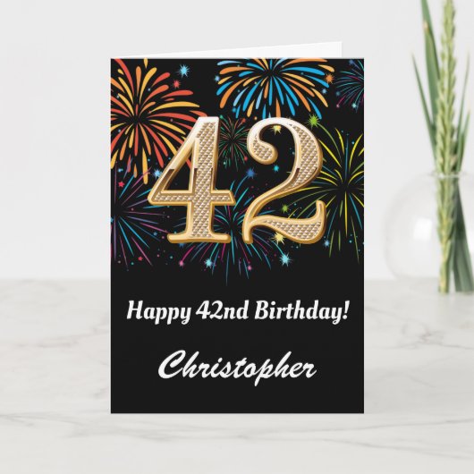 42誕生日レインボー花火ブラックと金ゴールド カード (正面)