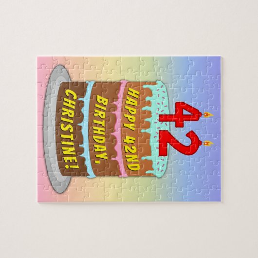 42誕生日:おもしろいケーキとキャンドル+名前をカスタムする ジグソーパズル (横)