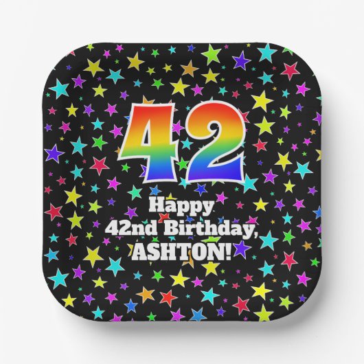 42誕生日:おもしろいスター柄と虹"42" ペーパープレート (正面)