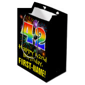 42誕生日:おもしろい花火パターン+虹42 ミディアムペーパーバッグ (正面アングル)