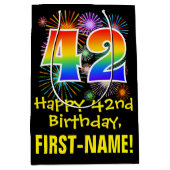42誕生日:おもしろい花火パターン+虹42 ミディアムペーパーバッグ (正面)