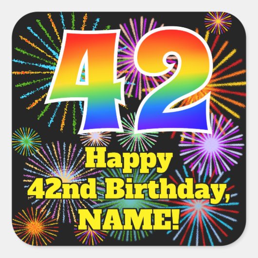 42誕生日:おもしろい花火ルック、虹# 42 スクエアシール (正面)
