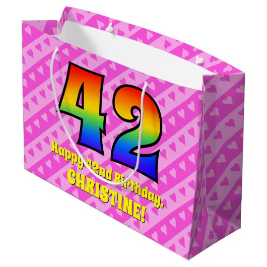 42誕生日:ピンクストライプのハート、レインボー# 42 ラージペーパーバッグ (裏面アングル)