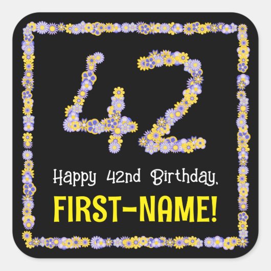 42誕生日:フローラ花数名前をカスタムする スクエアシール (正面)