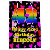 42誕生日：愛するハートパターン、虹# 42 ミディアムペーパーバッグ (正面)
