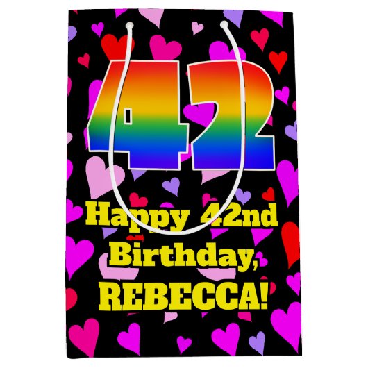 42誕生日：愛するハートパターン、虹# 42 ミディアムペーパーバッグ (正面)