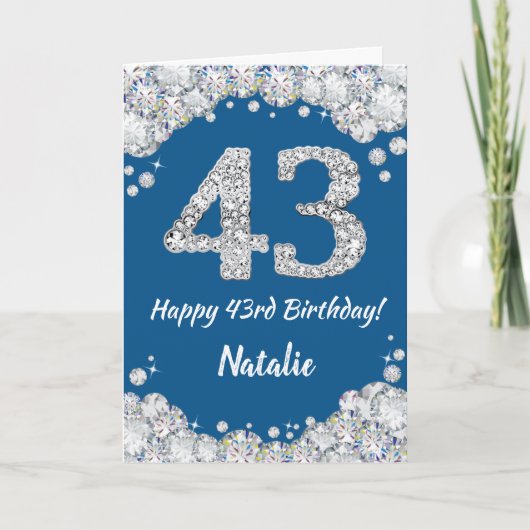 43台目の誕生日ブルーアンドシルバーグリッターカード カード (正面)