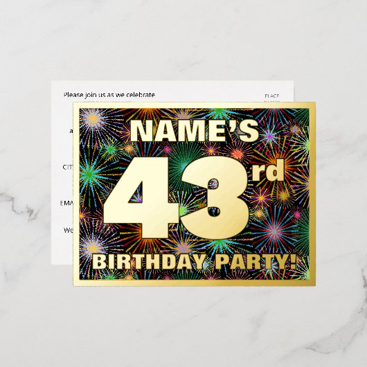 43回目の誕生日パーティはっきりした:, Fireworks カラフル Look 箔招待状ポストカード (正面/裏面)