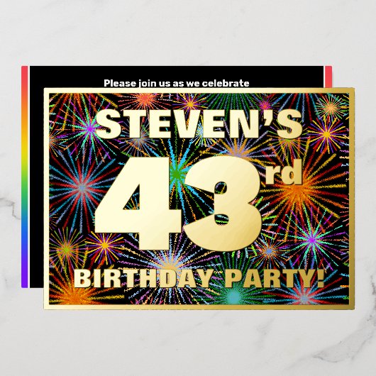43歳の誕生日パーティー - 楽しくカラフルな花火のデザイン 箔招待状 (正面/裏面)