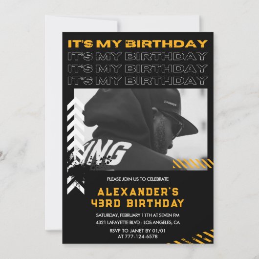 43歳の誕生日招待状メンズフォトスプレー絵を描 招待状 (正面)