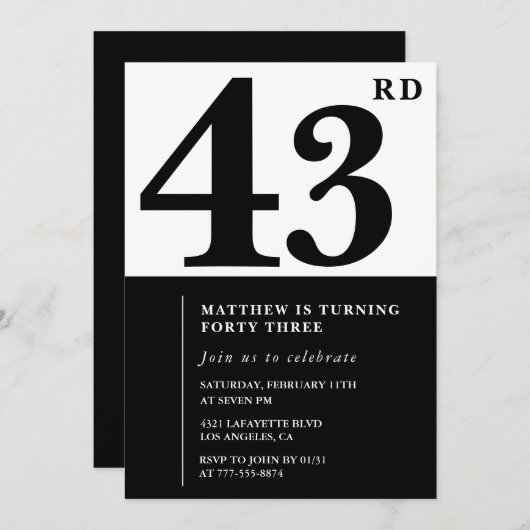 43歳の誕生日招待状白黒エレガント 招待状 (正面/裏面)