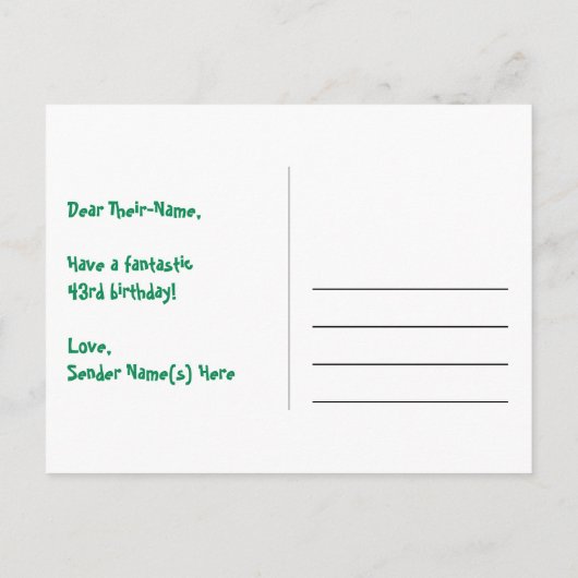 43歳の誕生日:ピンクのストライプとハート、虹43 ポストカード (裏面)