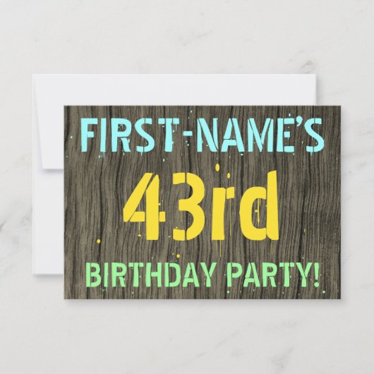 43歳の誕生日+名前、フェイクウッドとペイント風デザイン 招待状 (正面)