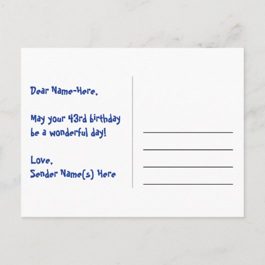 43歳の誕生日：楽しいスターパターン、虹43、名前 ポストカード (裏面)