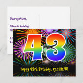 43歳の誕生日 – 楽しい花火模様 + レインボー 43 ポストカード (正面/裏面)