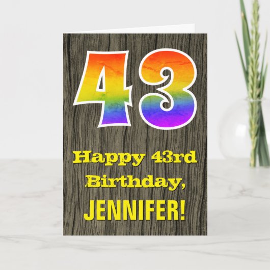 43歳の誕生日：素朴な偽の木の表情、虹の「43」 カード (正面)