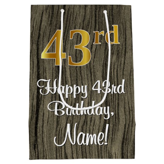 43番目の誕生日エレガント:フェイク金ゴールドルック数、フェイク木材 ミディアムペーパーバッグ (裏面)