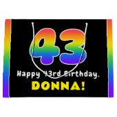 43番目の誕生日カラフル: Rainbow # 43,名前をカスタムする ラージペーパーバッグ (正面)