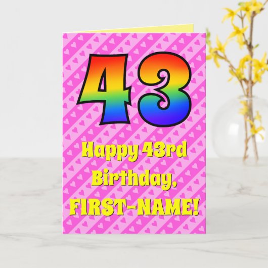 43番目の誕生日:ピンクのストライプハート、レインボー# 43 カード (黄色い花)
