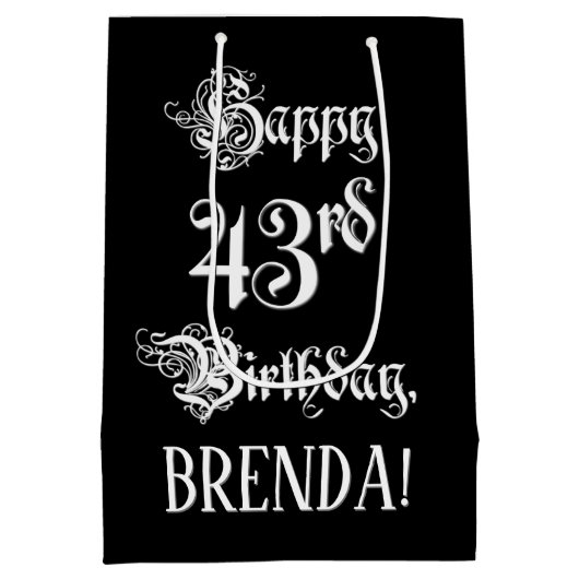 43番目の誕生日: ファンシー、スクリプエレガントト+名前をカスタムする ミディアムペーパーバッグ (裏面)