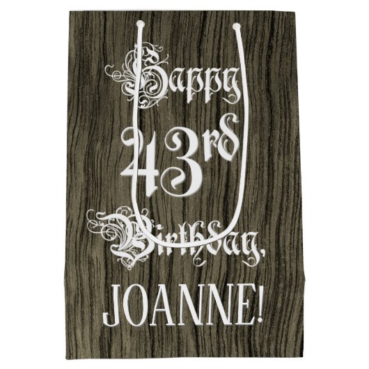 43番目の誕生日: ファンシー, フェイク Wood Look +名前をカスタムする ミディアムペーパーバッグ (裏面)