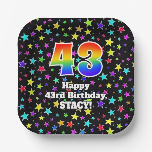 43誕生日:おもしろいスター柄と虹"43" ペーパープレート (正面)
