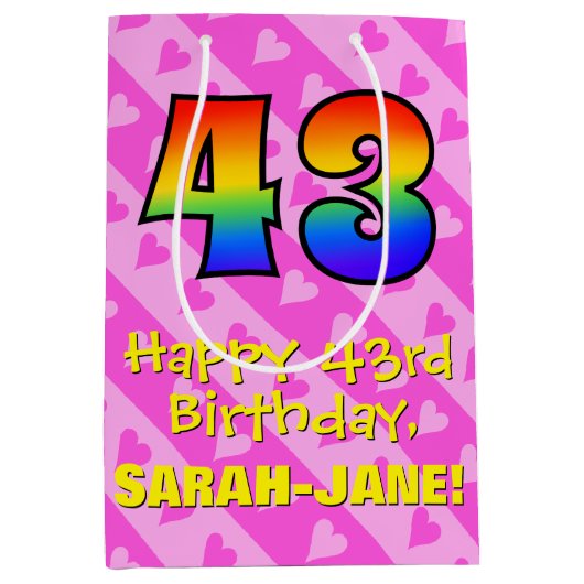 43誕生日:おもしろいピンクハートストライプ、虹43 ミディアムペーパーバッグ (正面)