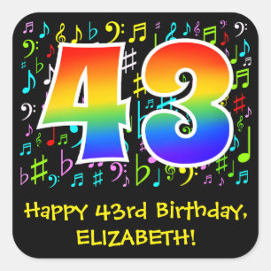 43誕生日:カラフル音楽シンボル、レインボー43 スクエアシール