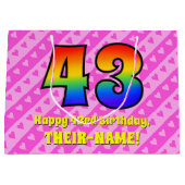 43誕生日:ピンクストライプのハート、レインボー# 43 ラージペーパーバッグ (正面)
